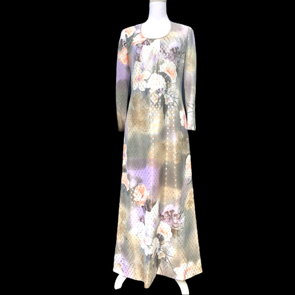 VINTAGE 70’s Belted Floral Maxi Gown Metallic Dot - Picture 7 of 15